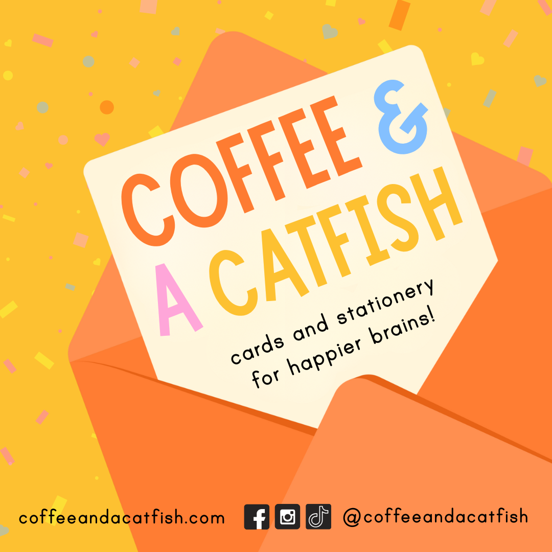 coffee and a catfish, illustration artist, greeting cards, wall art print, stationery, cute stationery, mental health stationery, mental health wall art prints, gift ideas