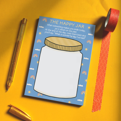 'The Happy Jar' A6 Notepad image 5, write daily highlights, note the good stuff, good news journal pad, bright side notepad, record joy in a jar, cute therapy tool, A6 wellness tracker with jar, gratitude in a jar pad, self-reflection pad A6, affirmations jar notepad, cute positive reminder pad, pocket joy notepad, thoughtful feelings pad, daily gratitude recap sheet, stationery to feel good, positive mindset notebook, happiness paper tracker, journal pad of joy, good day writing pad