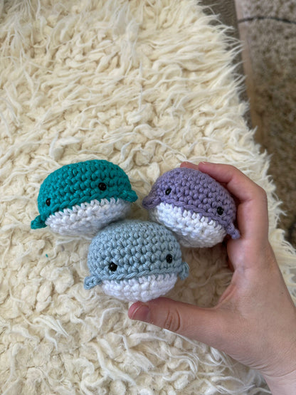 whale plush for desk therapy, fidget toy shaped like a whale, yarn whale for anxiety relief, soft crochet whale decor, worry whale gift for coworker, blue green lilac plush whale, whale soft toy for anxiety, worry animal crocheted whale, gentle whale plushy, whale for emotional regulation, handmade tactile whale gift, sea life fidget toy for adults, calming plush whale companion, sensory crochet animal gift, whale plush therapy gift