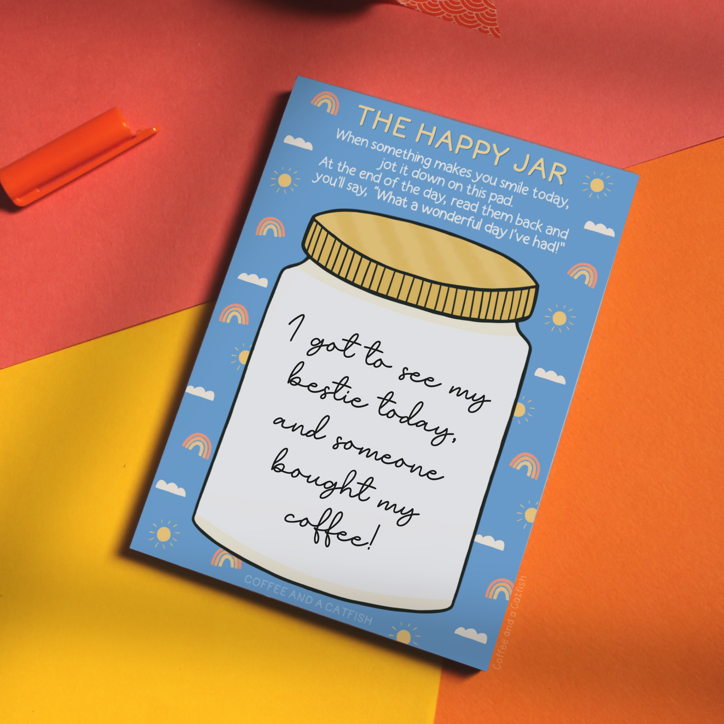 'The Happy Jar' A6 Notepad, A6 positivity notepad, happy jar notepad, positive thinking pad, gratitude journal notepad, daily positivity tracker, mental wellness notepad, list good things notebook, mood booster stationery, small gratitude pad, daily happy moments list, joy tracking notepad, mindful journaling pad, feel-good notepad, A6 mental health tracker, happy thoughts pad, wellness stationery gift, happiness tracker notebook, cute positivity list pad, mindful daily notes, good vibes notepad, happy jar 