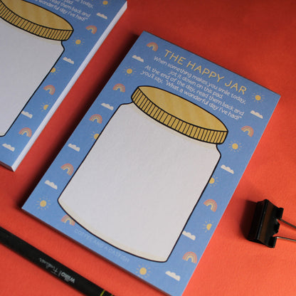 Happy Jar Notepad, well-being stationery, feel good gifts for her, feel good gifts for him, cheer up gift for friend, positive gift sets, positive notepad, positive notebook, positive journal, positive stationery, happy journal, anxiety journal, notepad, positive memory keeper, gratitude page pad, good mood list pad, emotional wellness notepad, daily joy tracker, pastel positivity notepad, good day memory pad, happiness bullet points pad, list the positives pad, small self-improvement notepad