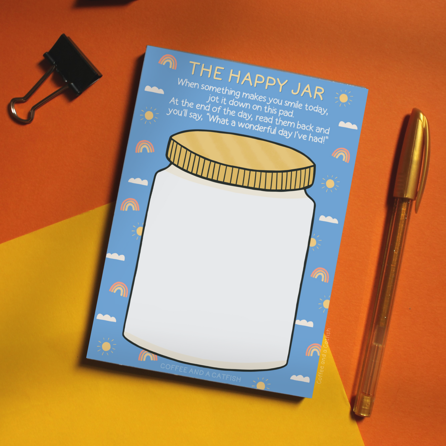 'The Happy Jar' A6 Notepad, gratitude list notebook A6, happy jar notes pad, log happiness daily, A6 wellness pad gift, self-care encouragement pad, reflect on joy notepad, emotional support paper pad, therapeutic writing pad, daily mood check pad, record moments of gratitude, feel-good journal paper, joy collector pad, positive vibes writing pad, journal your wins, good things list pad