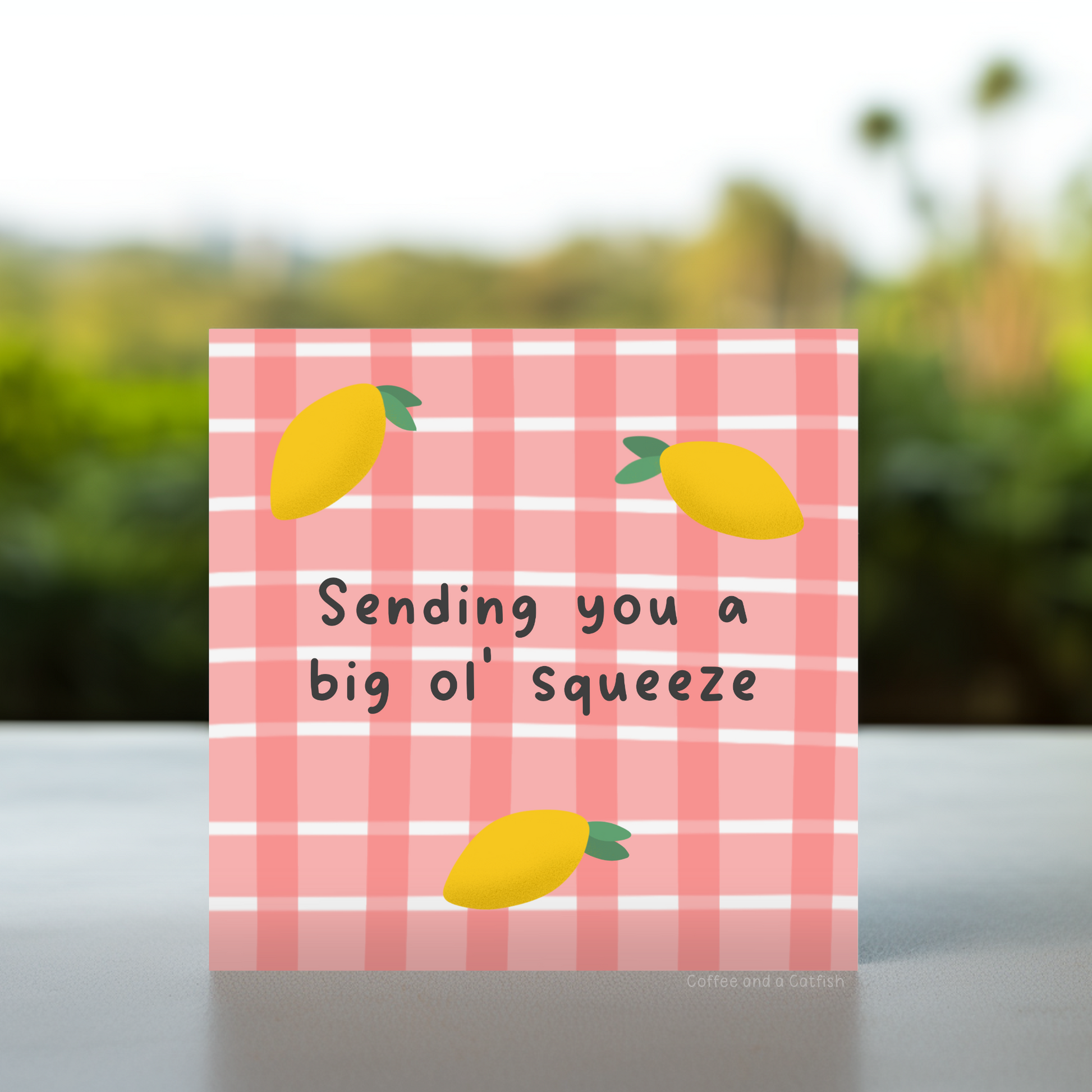 Thinking of you lemon themed cards| lemon zest greeting cards, cute gingham greeting cards, lemon themed greeting card, food themed greeting cards for her, food themed thinking of you card, sending hugs card for her, cute sending hugs card for her