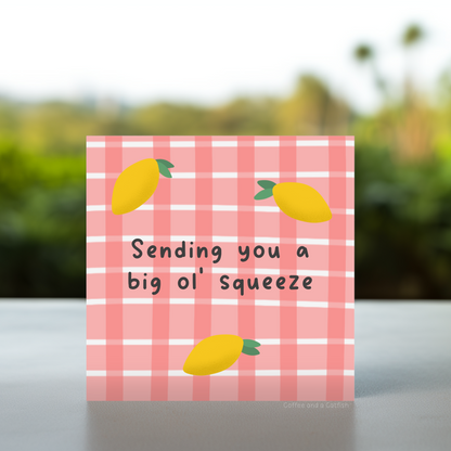 Thinking of you lemon themed cards| lemon zest greeting cards, cute gingham greeting cards, lemon themed greeting card, food themed greeting cards for her, food themed thinking of you card, sending hugs card for her, cute sending hugs card for her