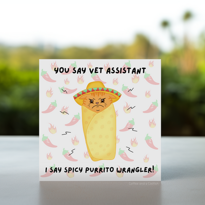 vet assistant funny gift idea, sassy cat card for animal clinic, humorous cat care card, wrangling cat expert card, animal assistant laugh card, cat handler appreciation, vet assistant comic moment, sarcastic cat card, pet nurse humour card, cat scratch battle winner card, veterinary team comedy card, cheeky card for vet receptionist, support team vet card, funny animal job card, joke card for vet coworker, crazy cat vet assistant card, laugh-worthy vet card, thank you card for vet assistant