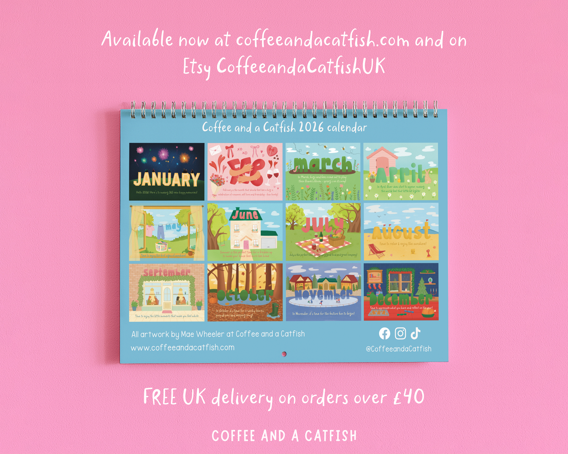 Calendar 2026 - Illustrated Wall Calendar - A4 Calendar - Christmas Gift Idea - Housewarming Gift - Stationery - Wall Art - Kawaii Calendar, justsmiledesigns, justsmiledesigns calendar 2026, Cozy Wall Calendar 2026
