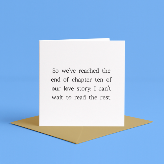 10 year anniversary card, 10th anniversary card, tenth anniversary card, ten year wedding anniversary, ten year dating anniversary, 10 year love anniversary, chapter ten love story card, love story anniversary card, romantic anniversary card, milestone anniversary card, decade of love card, 10 year relationship card, ten years together card, wedding anniversary card for couples 10th anniversary, anniversary greeting card for ten years together