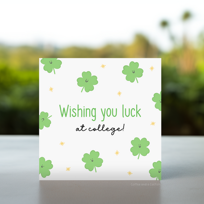 college journey card, college move-in card, college milestone card, card for college student, college support card, college motivation card, study hard card, card for college acceptance, college congratulations card, good luck in school card, happy college card, handmade college card, kawaii clover design, cute pastel college card, college vibes card, university encouragement card, card for dorm life, good luck tests card, card for college friends, good luck to sibling going to uni card, college