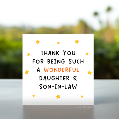 Daughter and son in law congratulations card, Daughter and son in law wedding card, Daughter and son in law thank you card, Daughter and son in law appreciation card, wedding family card, new family member card, thank you newlyweds card, son-in-law welcome card, heartfelt message card, sentimental daughter card, thank you to both of you card, card for couple, family thank you gift, cute thank you for daughter, card for married daughter, thank you appreciation card for daughter and husband