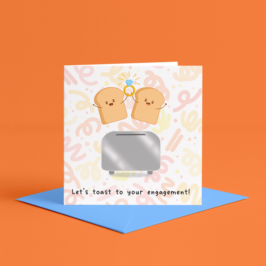 Cute engagement card, kawaii engagement card, funny engagement card, illustrated engagement card, toast engagement card, toast-themed card, Lets toast to your engagement card, pun engagement card, engagement toast pun, food pun engagement card, hand drawn toast card, adorable toast couple, cute couple toast, kawaii wedding card, illustrated couple card, hand-illustrated engagement card, happy toast card, engagement announcement card, kawaii food art, chibi toast characters, cute engagement cards