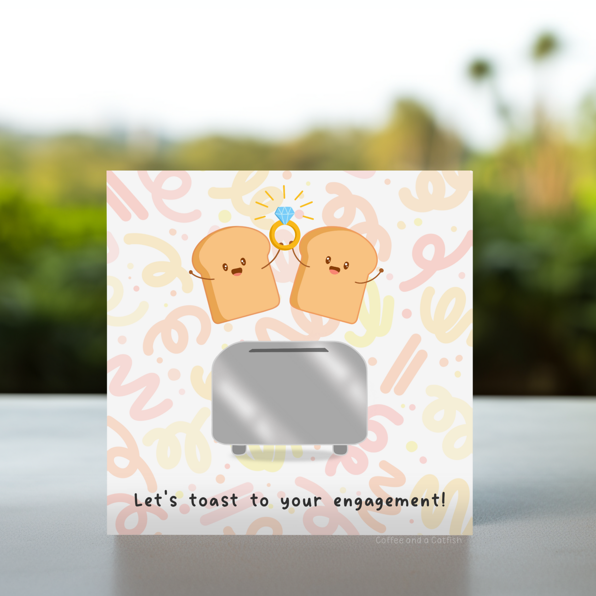 Illustrated engagement card, Quirky engagement card, Funny engagement card, Engagement party congratulations card, Newly engaged celebration card, Engaged couple toast card, Best wishes engagement card, Toast to your love card, arrowgiftcoltd engagement card, kawaii engagement card, thelaughingsloth engagement card, cute kawaii engagement cards, fun engagement cards, lets toast to your engagement congratulations card, congratulations on your engagement card, sweet illustrated engagement card