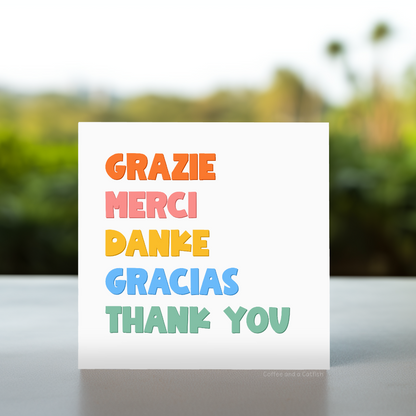 Multilingual gratitude card, Thank you card with grazie and merci, Multi-language appreciation card, Simple gratitude card, Universal thank you card, Thank you card for all occasions, Thank you card colourful, rainbow thank you cards for besties
