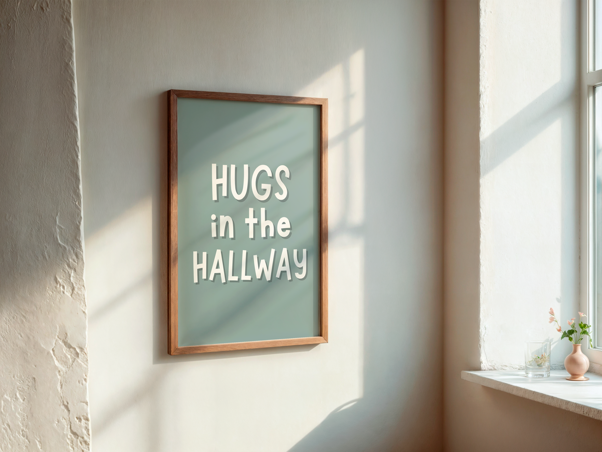 Hugs in the Hallway Print | Hallway Posters | Quirky Hallway Decor | Cute Modern Hallway Sign | Beige & green, Welcome – Please Leave by 9pm Print | Funny Typography Wall Art | Humorous Print for Entryways, Hallways or Living Rooms | Fun New Home Gift