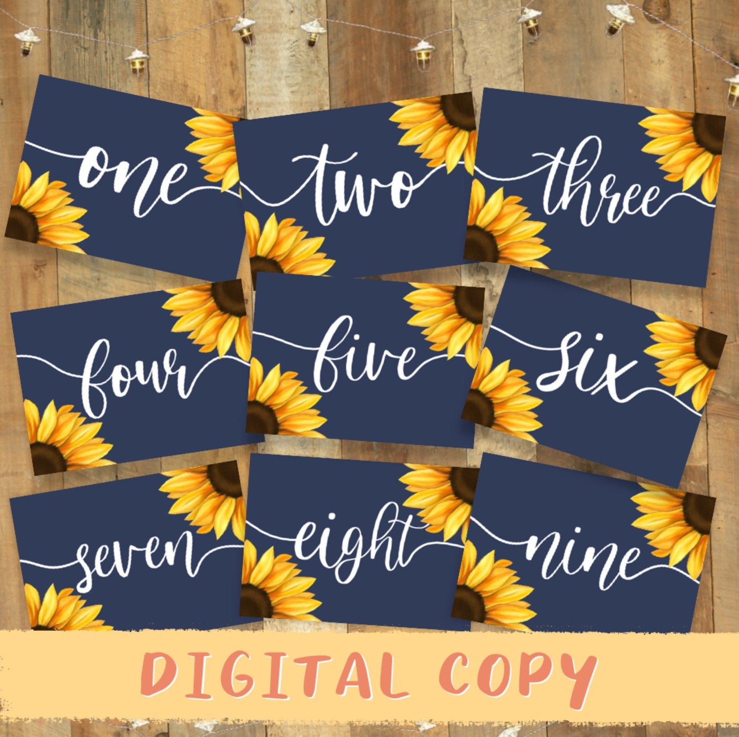 Sunflower navy and yellow wedding table numbers, sunflower wedding decor, sunflower and navy weddings, alternative wedding decor, sunflowers