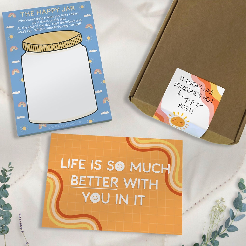 The ‘Happy Post’ | Happy Letterbox Gift, cheer up gift, positive gift set, letterbox pick me up, happy jar notepad, positivity postcard gift