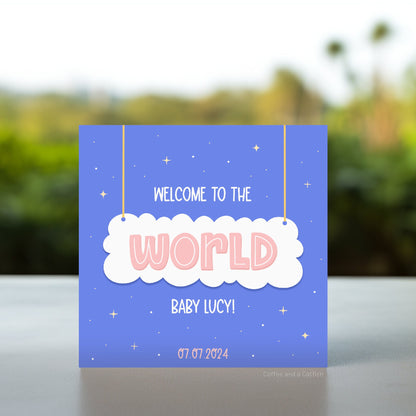 Personalised New Baby Girl Card | Welcome to the World Baby Girl Keepsake Card, Pink Cloud New Baby Card, Cloud Themed New Baby Birth Card