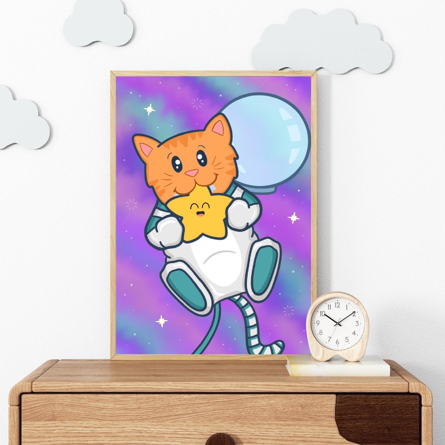 Cute Space Cat Art Print | Space Cat Art, Space Cat Astronaut Kawaii Wall Art, Cat in Space Ginger Cat Astronaut, Space Wall Art for Nursery