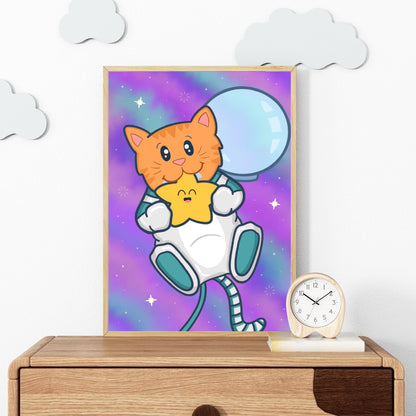Cute Space Cat Art Print | Space Cat Art, Space Cat Astronaut Kawaii Wall Art, Cat in Space Ginger Cat Astronaut, Space Wall Art for Nursery
