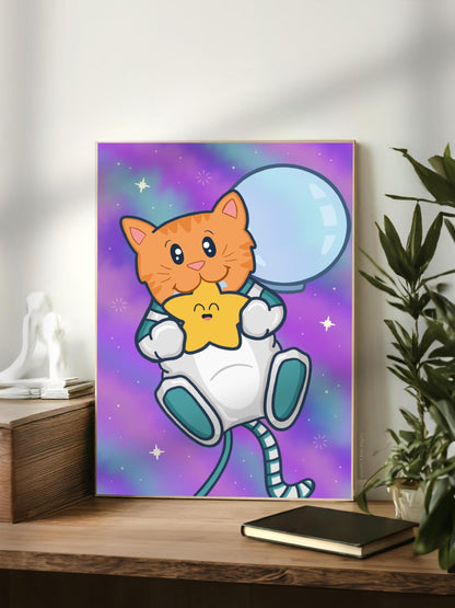 Cute Space Cat Art Print | Space Cat Art, Space Cat Astronaut Kawaii Wall Art, Cat in Space Ginger Cat Astronaut, Space Wall Art for Nursery