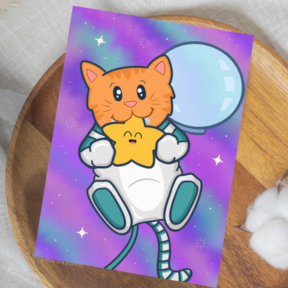 Cute Space Cat Art Print | Space Cat Art, Space Cat Astronaut Kawaii Wall Art, Cat in Space Ginger Cat Astronaut, Space Wall Art for Nursery