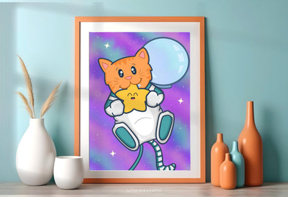 Cute Space Cat Art Print | Space Cat Art, Space Cat Astronaut Kawaii Wall Art, Cat in Space Ginger Cat Astronaut, Space Wall Art for Nursery