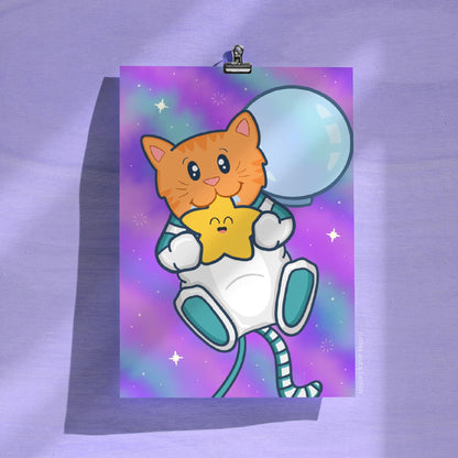 Cute Space Cat Art Print | Space Cat Art, Space Cat Astronaut Kawaii Wall Art, Cat in Space Ginger Cat Astronaut, Space Wall Art for Nursery