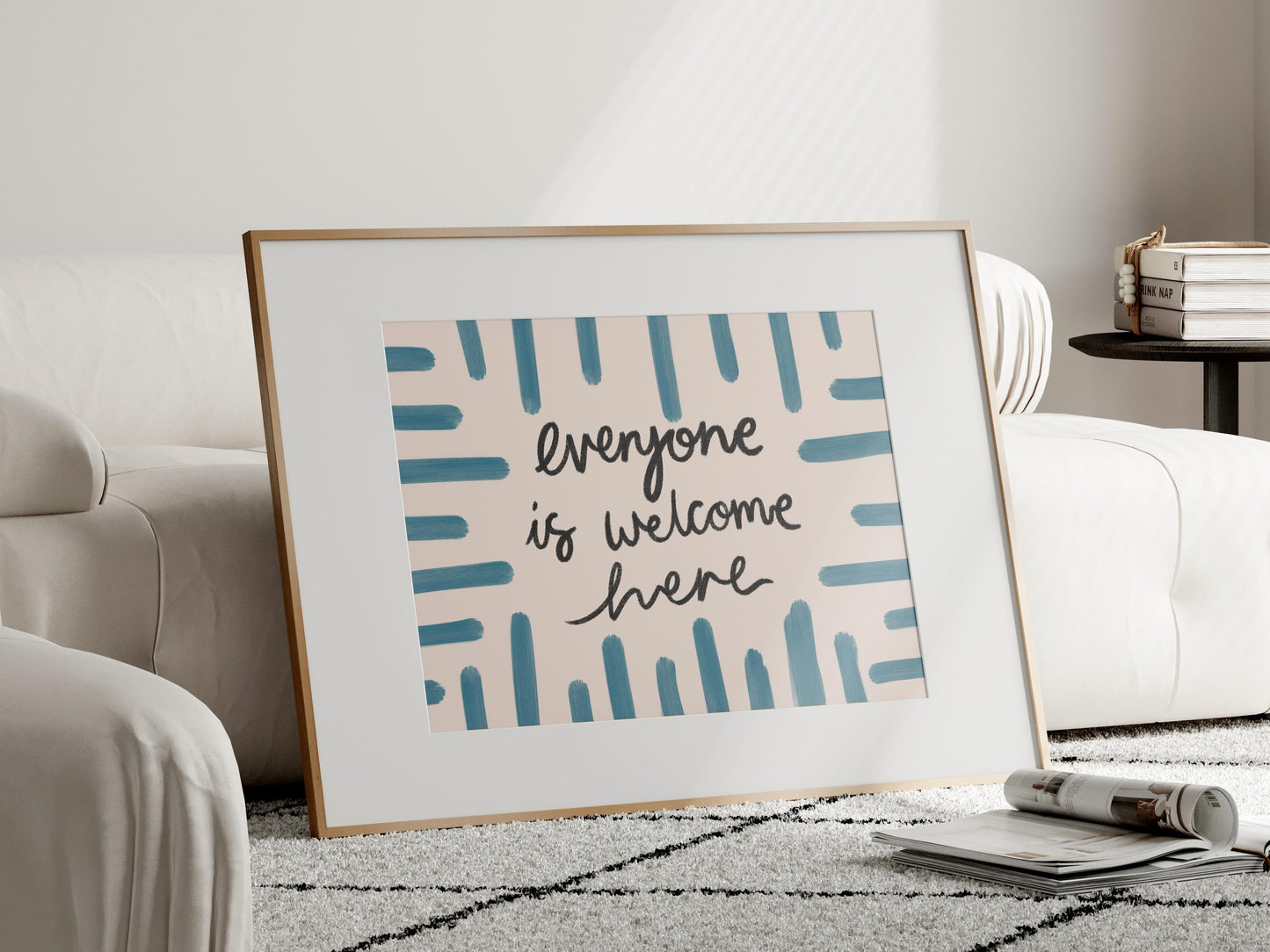 Everyone Is Welcome Here Print | Blue Scandi Wall Art Print, Blue Living Room Quote Print, Welcome Wall Art Printable, Blue Bedroom Prints
