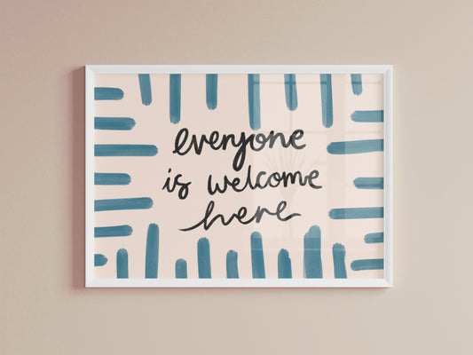 Everyone Is Welcome Here Print | Blue Scandi Wall Art Print, Blue Living Room Quote Print, Welcome Wall Art Printable, Blue Bedroom Prints