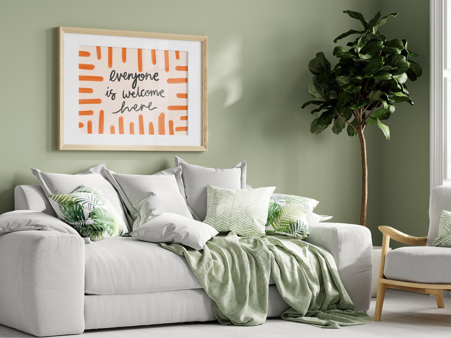 Everyone Is Welcome Here Print | Orange Welcome Wall Print, Colorful Lounge Print, Colorful Calligraphy Art for Living Room, Scandi Wall Art