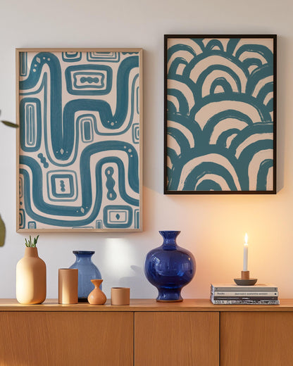 Pair of blue abstract prints | Bedroom wall art prints blue, pair of prints in blue, pair of blue bedroom prints, blue abstract print pair
