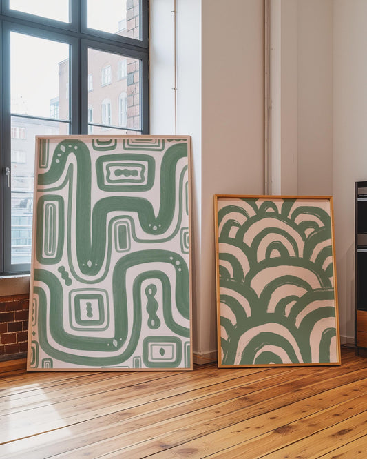 Set of Two Sage Green Abstract Prints | Green Pair of Line Art Prints, Pair of Green Living Room Prints, Sage Green Minimalism Prints Set