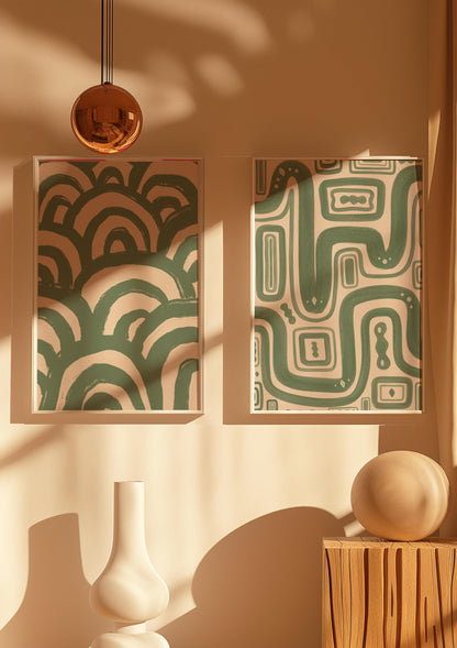 Set of Two Sage Green Abstract Prints | Green Pair of Line Art Prints, Pair of Green Living Room Prints, Sage Green Minimalism Prints Set