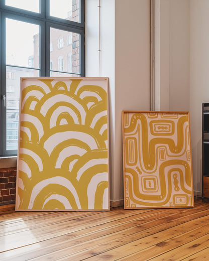 Set of Two Yellow Abstract Prints | Mustard Yellow Line Art Prints Pair, Set of Yellow Prints, 2 Yellow Prints A4 A5, mustard bedroom prints