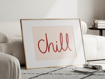 Chill Cream and Red Calligraphy Print | Red and Cream Bedroom Wall Art, Downloadable Red Bedroom Prints, Lets Chill Print, Red Bedroom Art