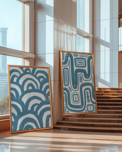 Pair of blue abstract prints | Bedroom wall art prints blue, pair of prints in blue, pair of blue bedroom prints, blue abstract print pair