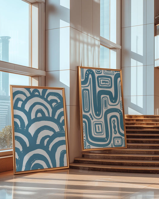 Pair of blue abstract prints | Bedroom wall art prints blue, pair of prints in blue, pair of blue bedroom prints, blue abstract print pair