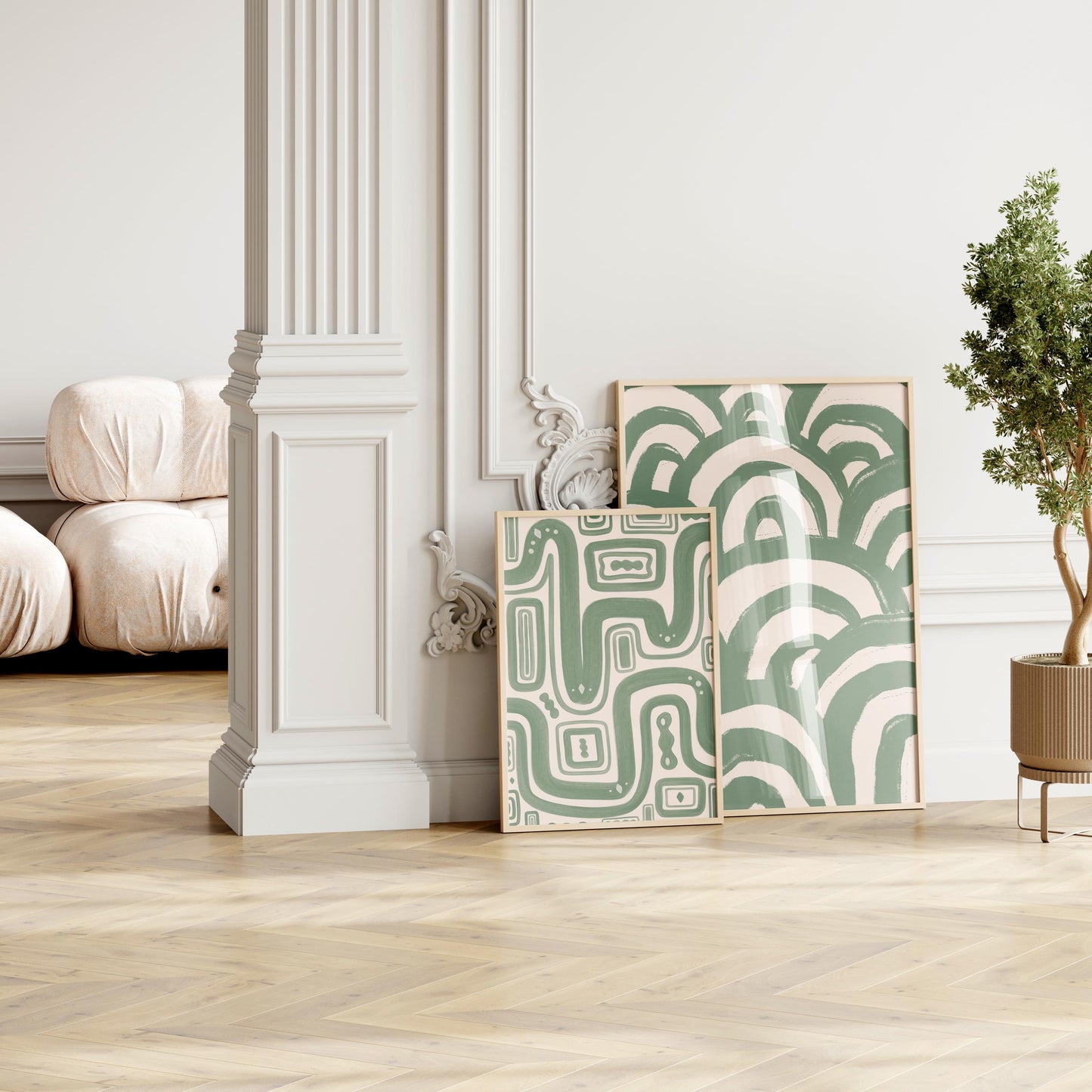 Set of Two Sage Green Abstract Prints | Green Pair of Line Art Prints, Pair of Green Living Room Prints, Sage Green Minimalism Prints Set