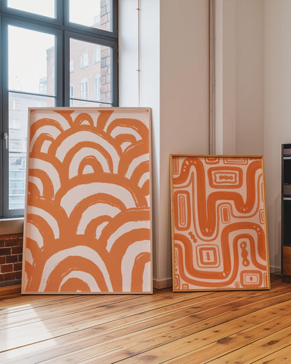 Set of Two Orange Happy Prints Pair | Orange Abstract Line Art Set, Orange Minimalism Print Set, Orange Dopamine Decor Wall Art Set of Two