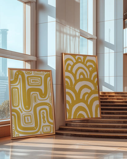 Set of Two Yellow Abstract Prints | Mustard Yellow Line Art Prints Pair, Set of Yellow Prints, 2 Yellow Prints A4 A5, mustard bedroom prints