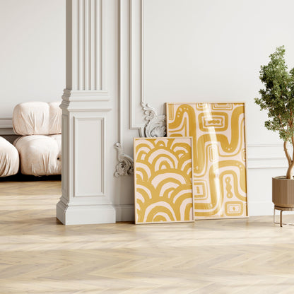 Set of Two Yellow Abstract Prints | Mustard Yellow Line Art Prints Pair, Set of Yellow Prints, 2 Yellow Prints A4 A5, mustard bedroom prints