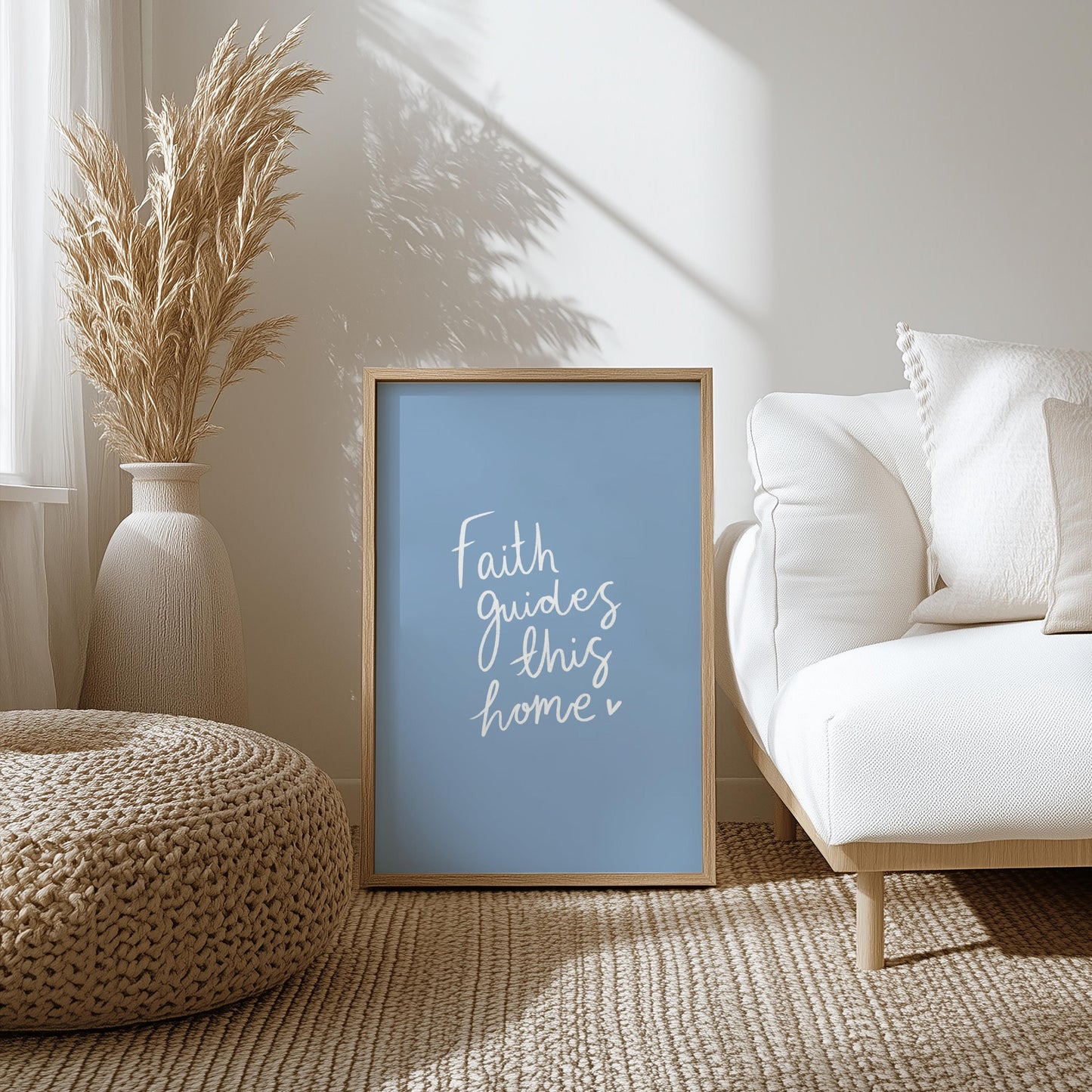 Faith Guides This Home | Modern Calligraphy Wall Art, Handwritten Quote Print, Calligraphy Wall Art, Living Room Prints, Warm Blue Art Print