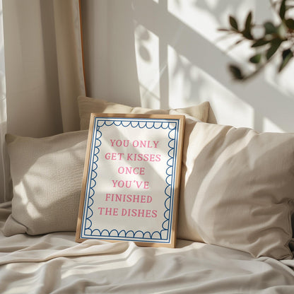 Dishes Before Kisses Kitchen Print | Pink and Blue Kitchen Wall Art, Trendy Kitchen Prints, Preppy Kitchen Prints, Dopamine Kitchen Prints