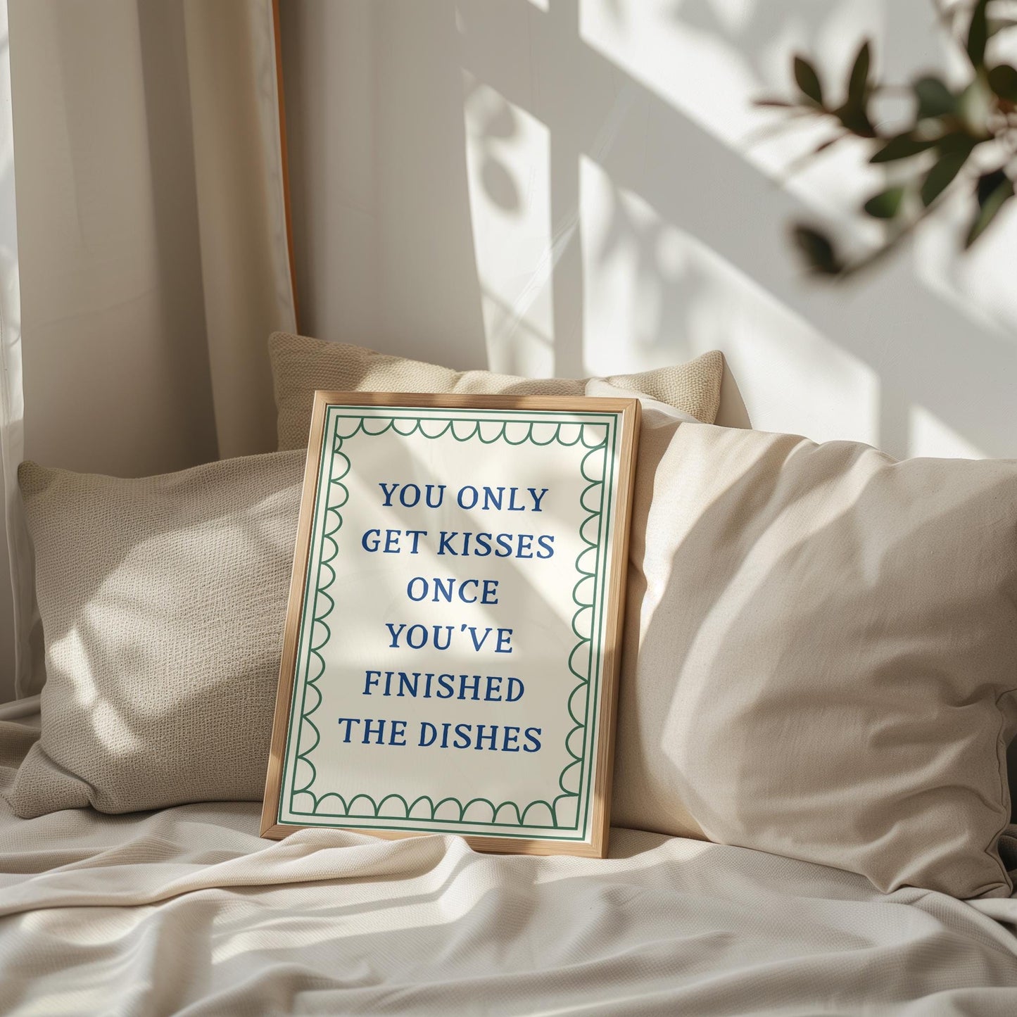 You Only Get Kisses Once You've Finished The Dishes Poster In Blue & Green | Vintage Kitchen Print, Cheeky Kitchen Washing Up Poster A3 A4