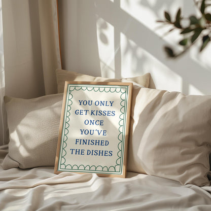 You Only Get Kisses Once You've Finished The Dishes Poster In Blue & Green | Vintage Kitchen Print, Cheeky Kitchen Washing Up Poster A3 A4