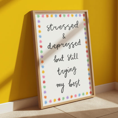 Trying My Best Funny Rainbow Wall Print | Mental Health Prints, Colourful Motivational Prints, Colorful Office Print, Trendy Anxiety Prints