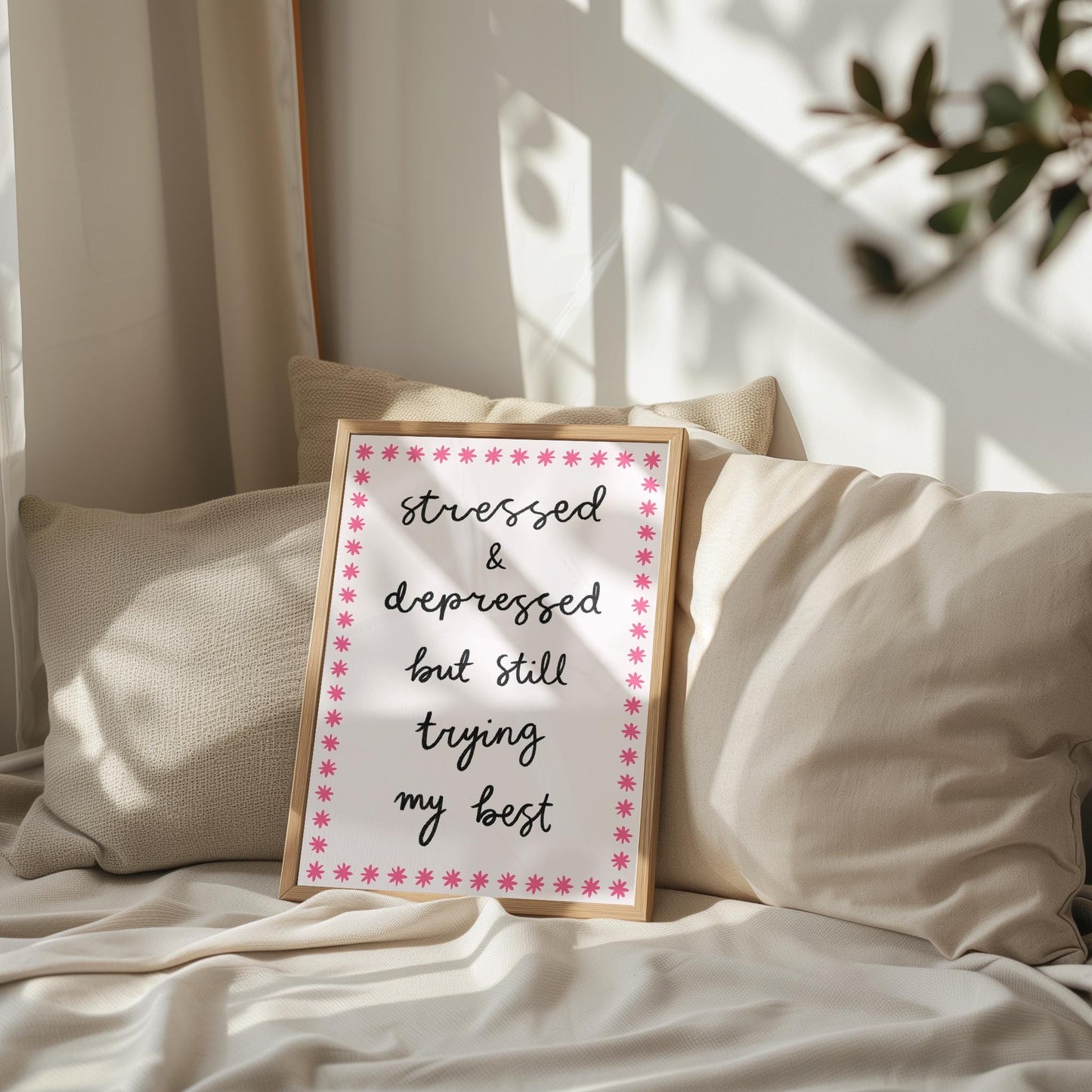 Trying My Best Funny Stressed Girly Wall Print | Mental Health Prints, Motivational Prints, Pink Typography Office Print, Anxiety Prints