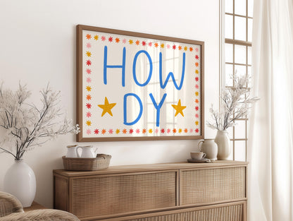 Blue Howdy Yall Landscape Trendy Wall Art Print | Blue retro hallway art, howdy print, howdy wall art, howdy yall print, rodeo retro print