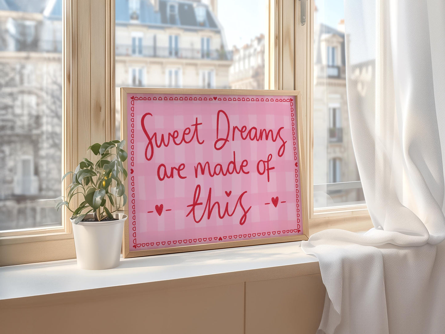Pink and Red Bedroom Print | Sweet Dreams Pink Gingham, Sweet Dreams Coquette Wall Art, Girly Bedroom Prints, Preppy Print for Above the Bed