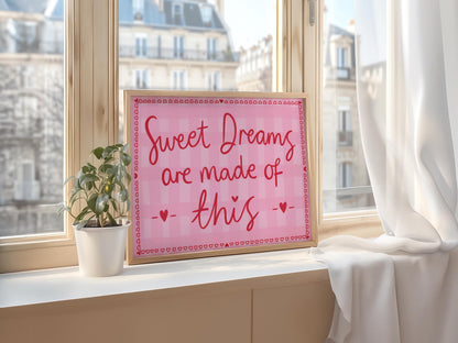 Pink and Red Bedroom Print | Sweet Dreams Pink Gingham, Sweet Dreams Coquette Wall Art, Girly Bedroom Prints, Preppy Print for Above the Bed