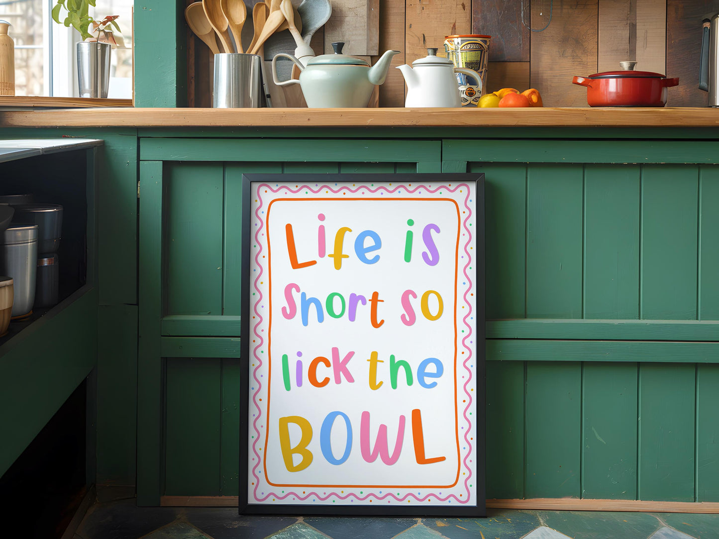 Life Is Short Lick The Bowl Print | Colourful Kitchen Print, Quirky Kitchen Wall Art, Rainbow Kitchen Print, Bright Colorful Kitchen Artwork